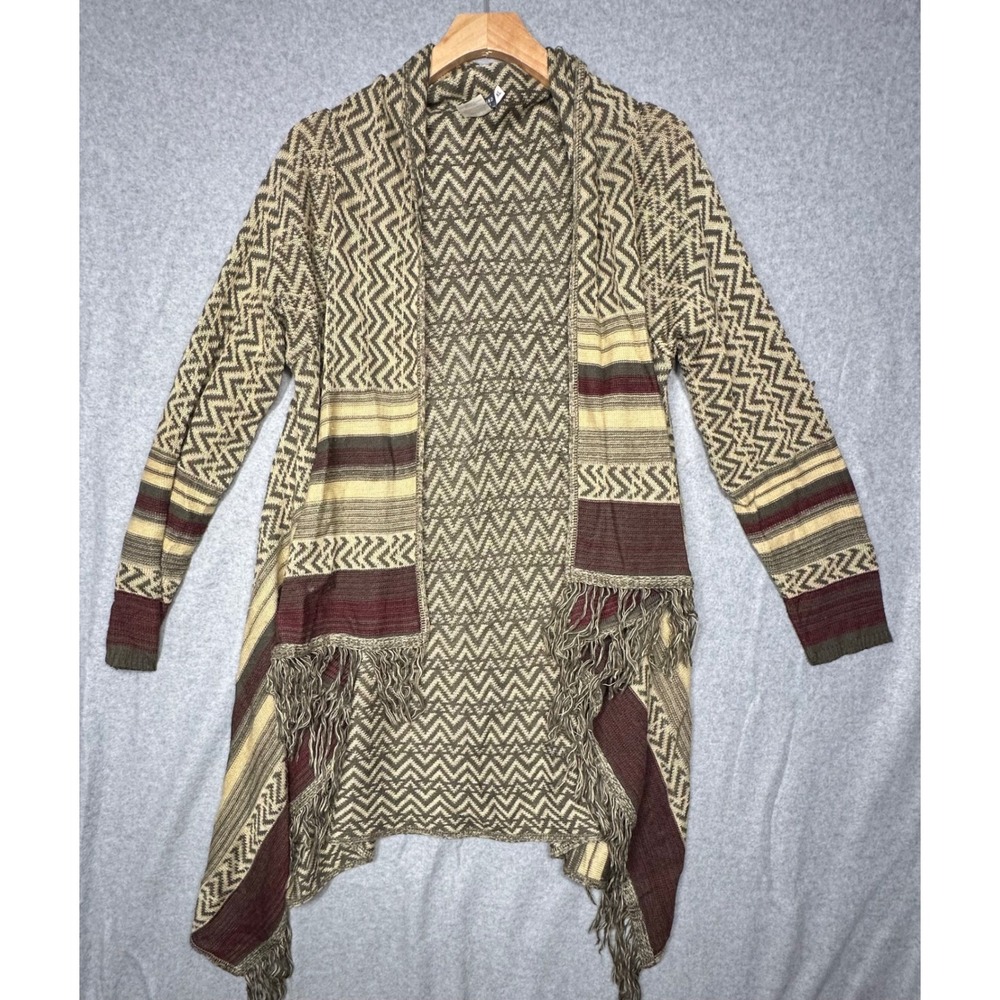 Earthbound Trading Co Womens XL Chevron Fringe Open Front‎ Cardigan Sweater Boho